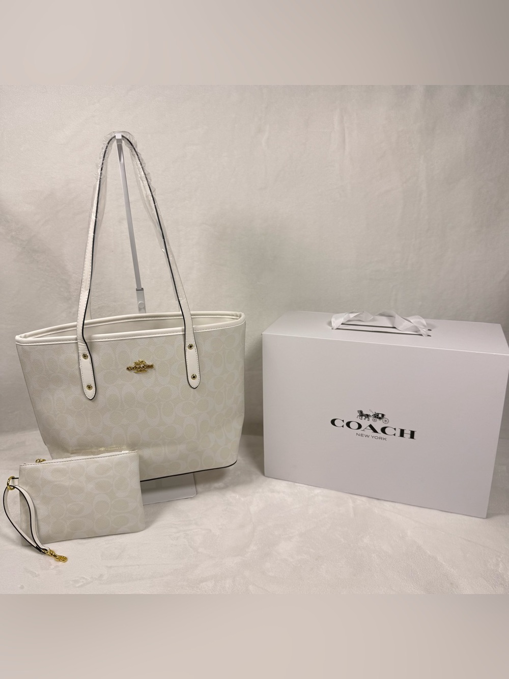 Coach Cream Signature Canvas Tote with Wallet and Box